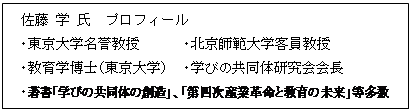 テキスト ボックス: 佐藤 学 氏　プロフィール
・東京大学名誉教授     　・北京師範大学客員教授
・教育学博士（東京大学） 　・学びの共同体研究会会長
・著書「学びの共同体の創造」、「第四次産業革命と教育の未来」等多数

